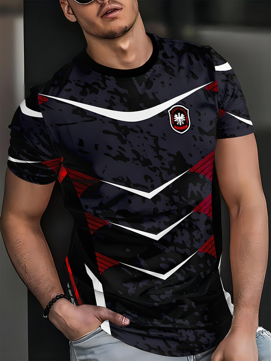 1pc Men'S Athletic Sports T-Shirt - Polyester Crew Neck with Slight Stretch, Patterned Knit Fabric, Casual Summer Top for Fitness  Training
