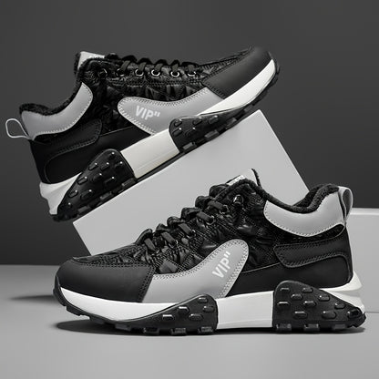 Men'S Stylish Color-Block Plush-Lined Winter Sneakers - Warm, High-Stability Running Shoes with Lace-Up Closure, Geometric & Solid Color Design, Synthetic & Fabric Upper, PVC Sole for Casual & Outdoor Activities, Winter Sneak