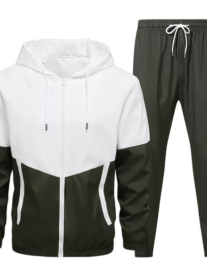 Men's Spring Autumn Outdoor Sports Training Casual Color Block Stitched Hoodie Adjustable Set Home Top and Pants Fashionable Windproof Jacket Pants Two-Piece Suit