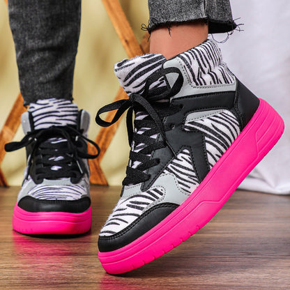 Women'S Winter Zebra Print Hiking Boots - Mid-Top Round Toe PU Cover-like Texture, Soft Comfortable Lace-Up Ankle Support, Pink Sole & Arch Support