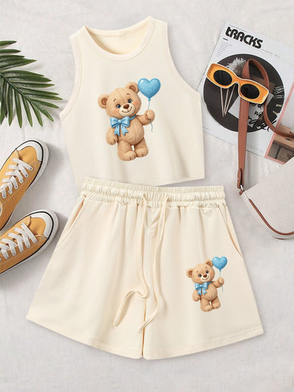 Casual Women's Two-Piece Vest and Shorts Set with Pattern Print