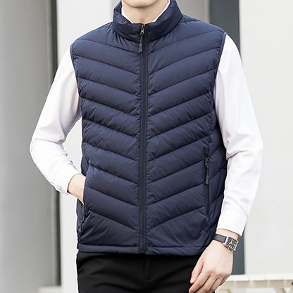 Men's Winter Sleeveless Warm Vest Jacket, Casual Fashion Zippered Multi-Pocket Solid Color Stand Collar Black Thermal Gilet for Autumn/Winter Outdoor Leisure Sports Hiking Lightweight Waistcoat Coat