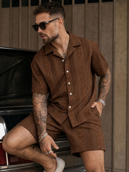 Men's Summer Lapel Shirt & Shorts Set with 3D Diamond Texture