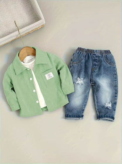 Boys' Cotton Blend Shirt and Jeans Set for Fall/Winter - ayq