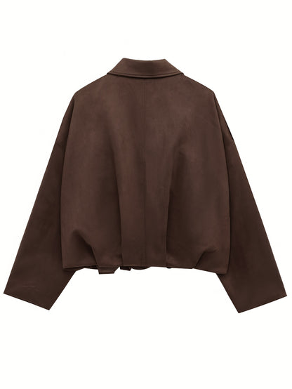 Women'S Vintage Bomber Jacket - Loose Fit Long Sleeve Zip-Up with Drop Shoulder Design, Brown Casual Outerwear for Fall/Winter, Non-Stretch Fabric, Perfect for Casual Attire, Autumn Winter Jacket | Vintage Bomber Style | Zipp