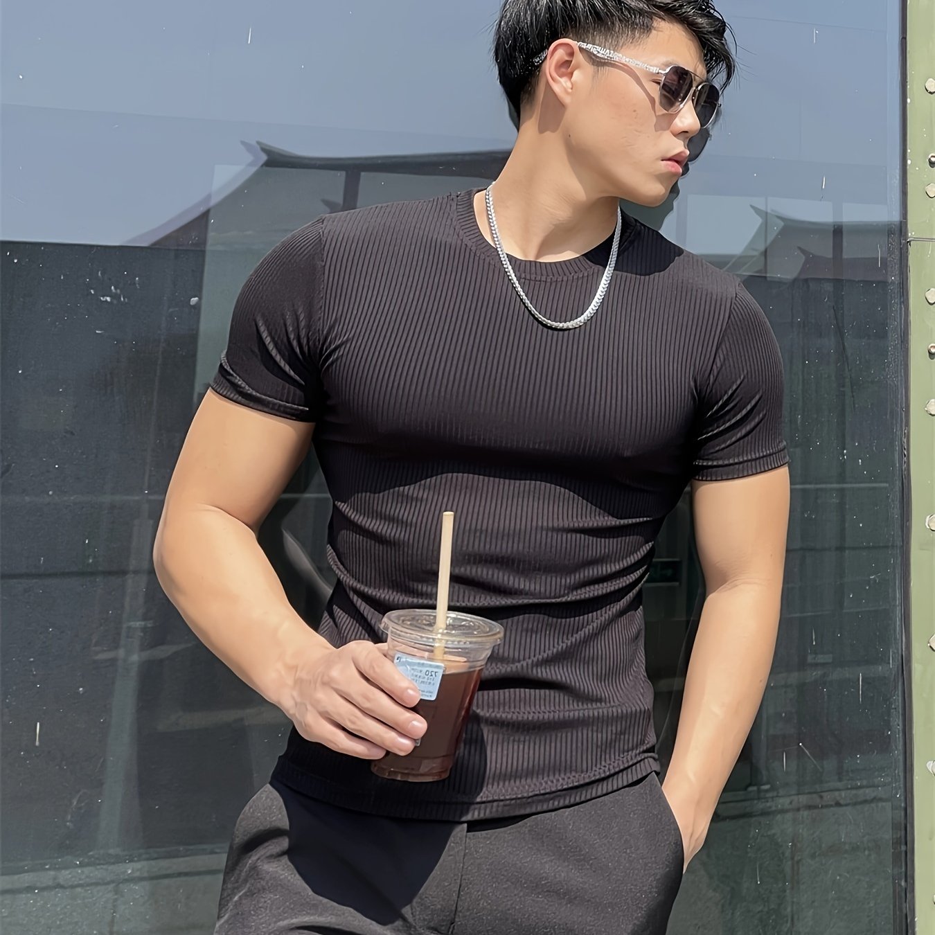 Men's Athletic Striped Solid Color Fitness Short Sleeve T-Shirt, Quick-Dry Stretchy Polyester Sports Tee for Training, Running, Summer, Slim Fit, Round Neck, Knitted Fabric