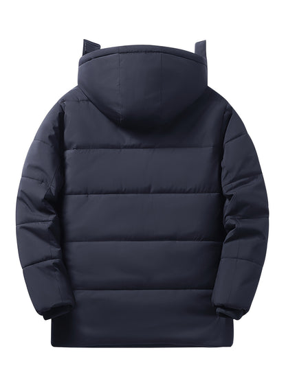 Men's Heavy-Duty Winter Hooded Jacket with Fur-Like Collar & Pockets - Navy Blue/Brown Coat, Golden-Tone Zipper Closure, -Filled Casual Outerwear for Cold Weather (Hand Wash/Dry Clean)