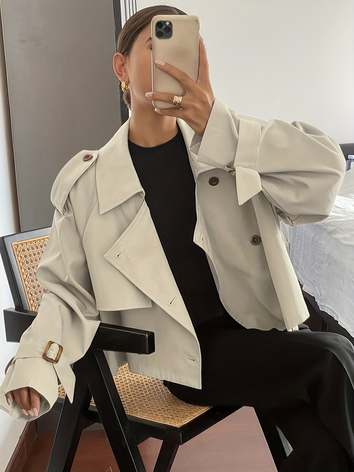 Women's Spring/Autumn Solid Color Simple Loose Casual Short Long Sleeve Trench Coat