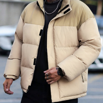 Men's Winter Color-Block Jacket with Stand Collar - Black & Casual Outdoor Warm Coat, Polyester-Filled Zipper Front, Regular Fit for Cold Weather, No Stretch Fabric