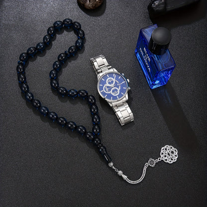 Men's Set, Alloy Blue Dial Watch + Perfume + Prayer Beads, Blues Style
