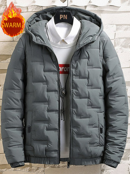 1pc Men's Heavy-Duty Winter Jacket with Hood - Stand Collar & Zippered Pockets, Grey/Black & White, Machine Washable Cold Weather Coat for Skiing, Snowboarding, Outdoor Activities (-Filled)