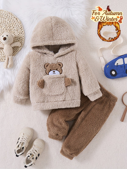 Boys' Autumn and Winter Fashionable Casual Simple Cute Warm Solid Color Plush Bear Embroidered Hoodie Long Pants Two-Piece Set, Perfect for Outdoor