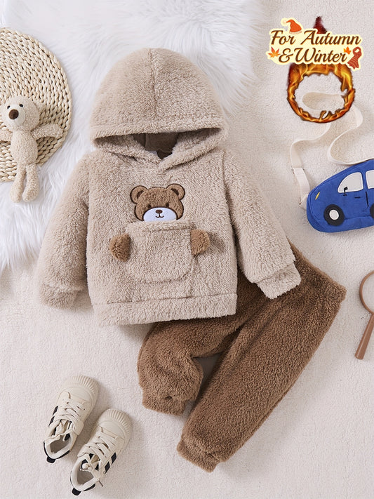 Boys' Autumn and Winter Fashionable Casual Simple Cute Warm Solid Color Plush Bear Embroidered Hoodie Long Pants Two-Piece Set, Perfect for Outdoor