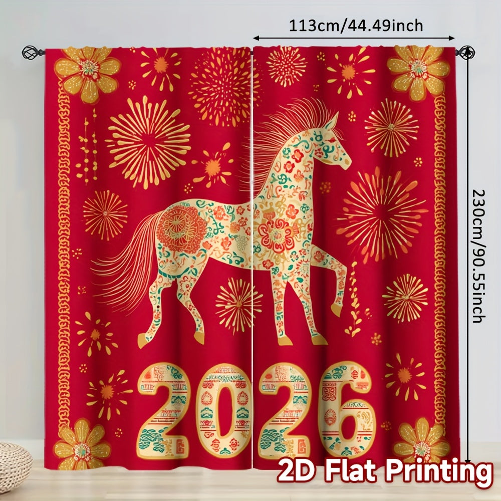 2D Flat, 2pcs, 2D Flat Printing New Year atmosphere curtains Festive Horse 2026 Celebration, Polyester, for Bedroom, Study, Living Room, Balcony, Office, Dormitory, Home Decoration, (rod free), 2D Flat, Celebration Setup, Sea
