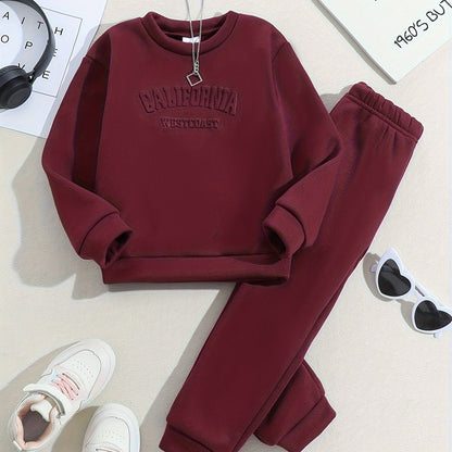 Tween Girls' Autumn/Winter Letter Embossed Warm Lined Sweatshirt and Joggers, Perfect for Outdoor