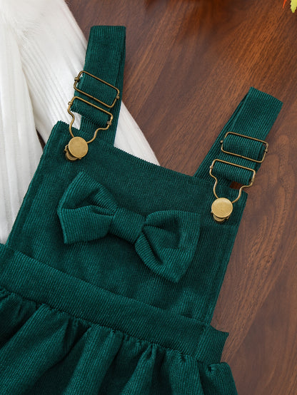 2pcs Baby Winter Outfit Set: Cozy Fluffy Sleeve Smock Dress & A-Line Bow with Collar & Fringe Trim - Soft Warm Clothes for Photoshoots, Christmas (Hand Washable), Perfect for Outdoor