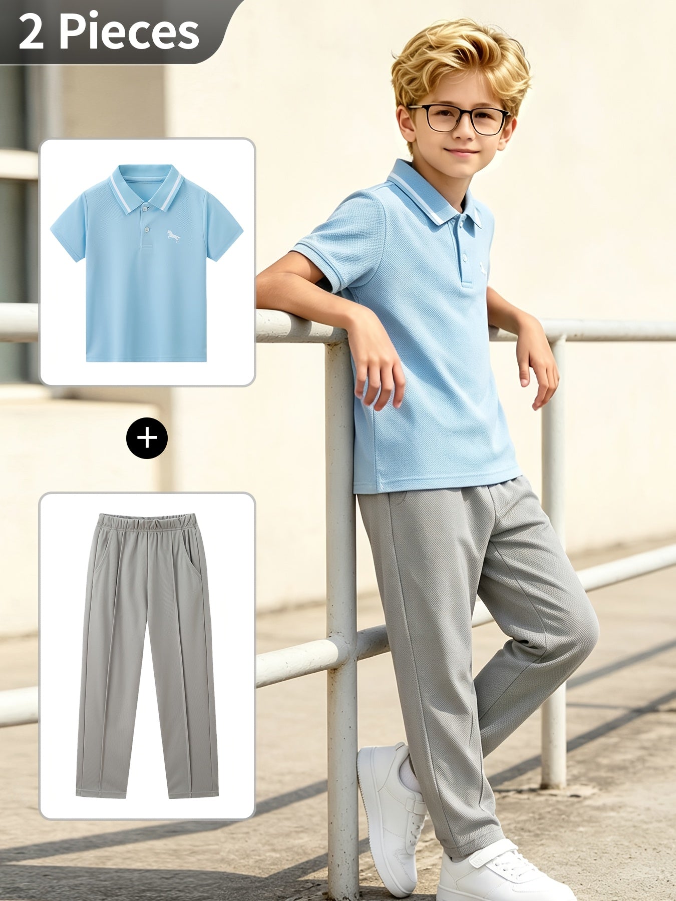 Boys' Summer Preppy Striped Polo Shirt & Pants Set 3-12 Years