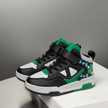 Youngsters' High-Top Sneakers with Hook-and-loop Fastener Closure - Vintage Geometric Print, Breathable & Non-Slip for Boys and Girls - Perfect for Running & Casual Wear