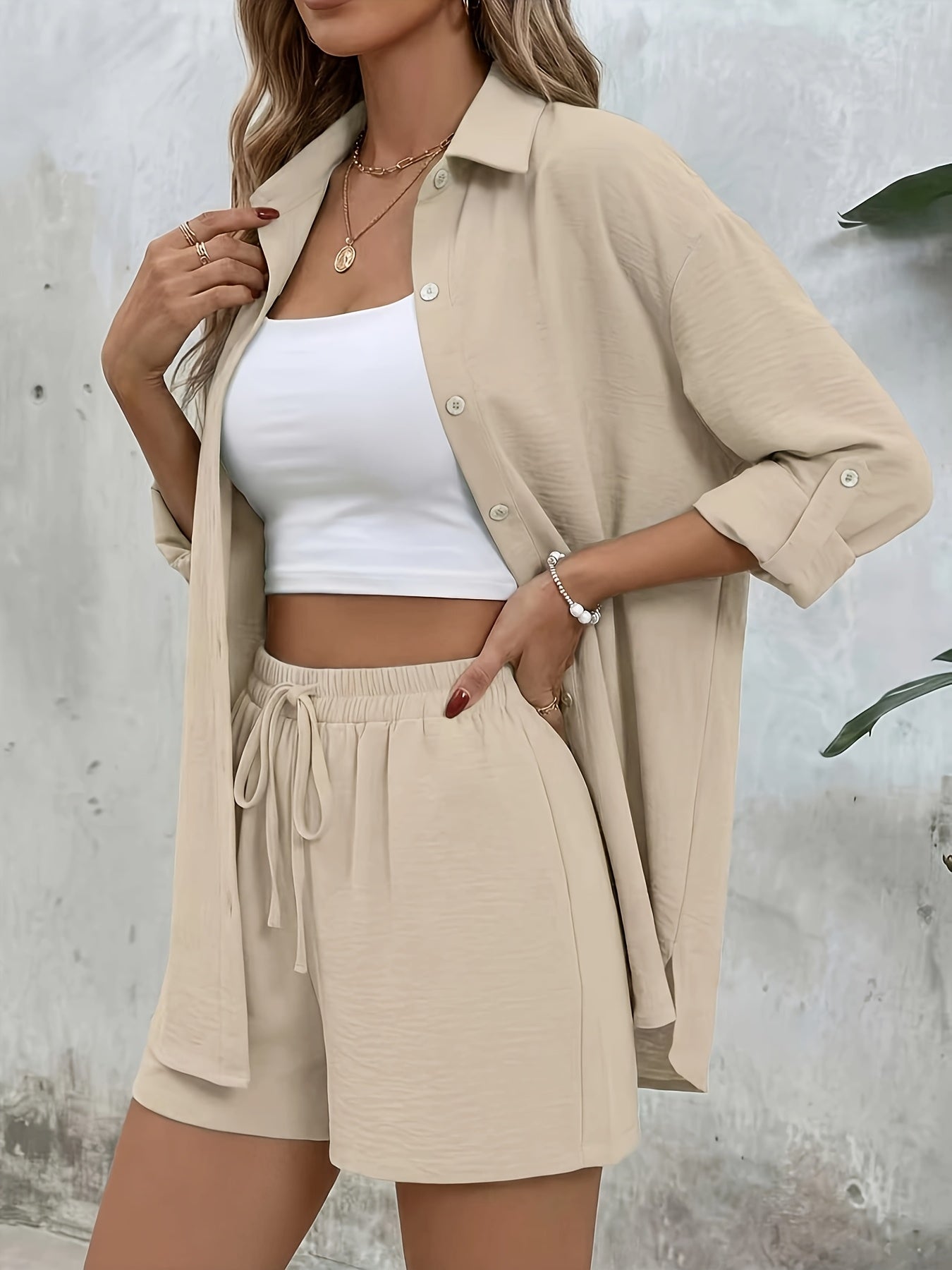 Women's Casual Long-Sleeve Shirt & High-Waist Shorts Set for Spring/Su