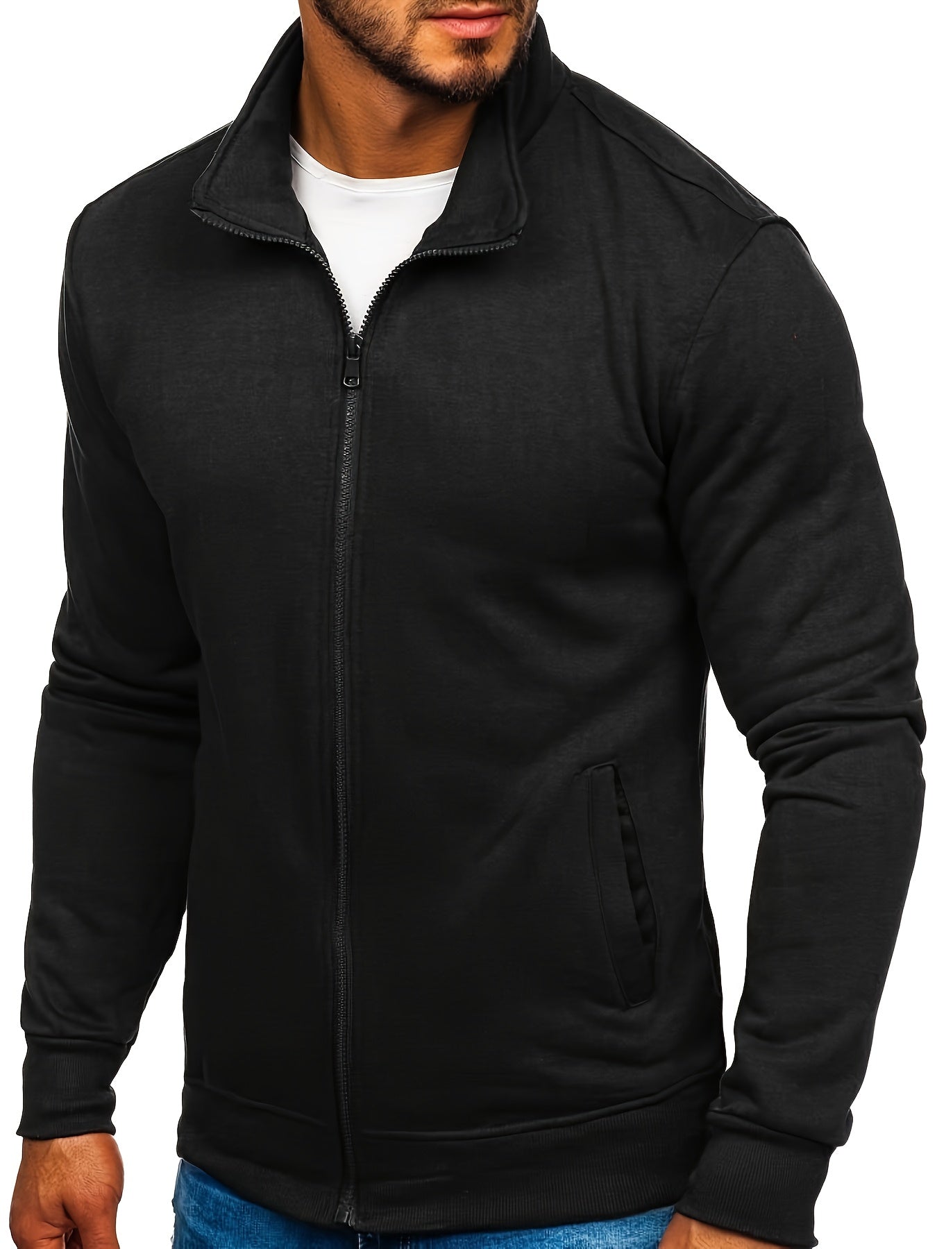 Men's Full-Zip Stand Collar Athletic Jacket - Soft Brushed Interior, Long Sleeve Casual Zippered Sweatshirt, Regular Fit Gym-to-Streetwear, Easy-Care (Hand Wash/Dry Clean) Solid Color Men's Outerwear