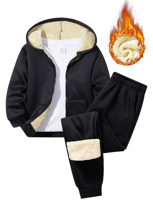 2pcs Boys' Fleece-Lined Hooded Sweatshirt + Casual Pants Set, Solid Color Long-Sleeved Zip-Up Top with Medium Stretch Warm Fabric for Autumn/Winter Season, Perfect for