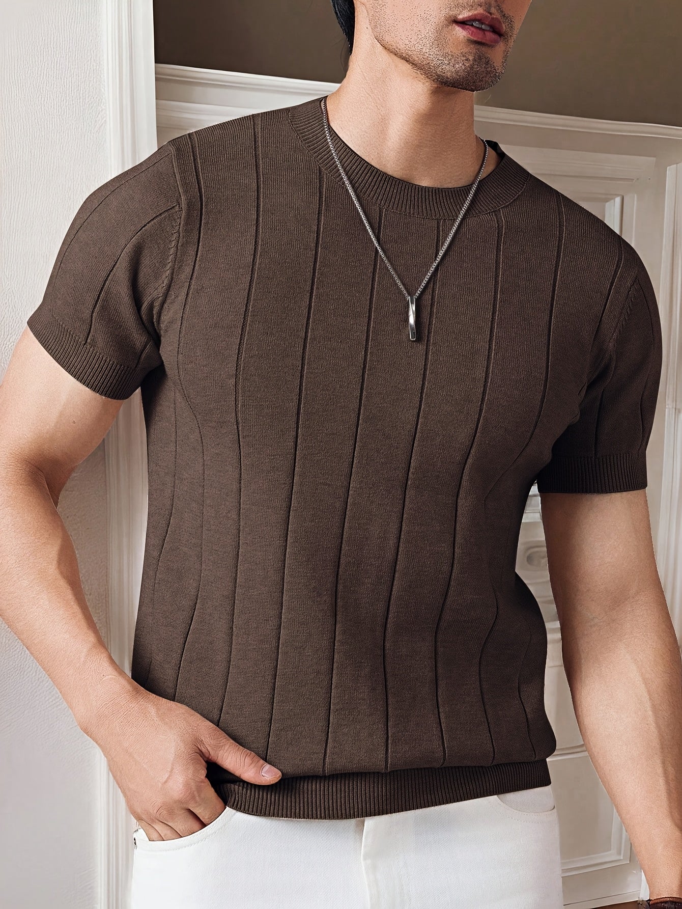 New Summer Short-Sleeve Knitted Men's Light Luxury Crew Neck Slim Fit Business Cool Y T-Shirt, Lightweight, Breathable, Versatile, Stretchy, Slim Fit Top for Men - ayq