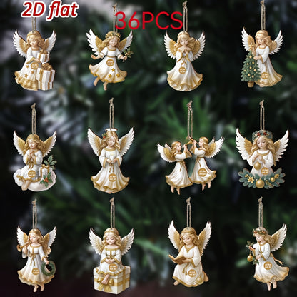 2D Flat - 12/24/36pcs Elegant Wooden Angel Ornaments | Tranquil White Angel Hanging Decorations for Christmas Tree, Garden, Home Decor, Suitable for Christmas, New Year, and Easter