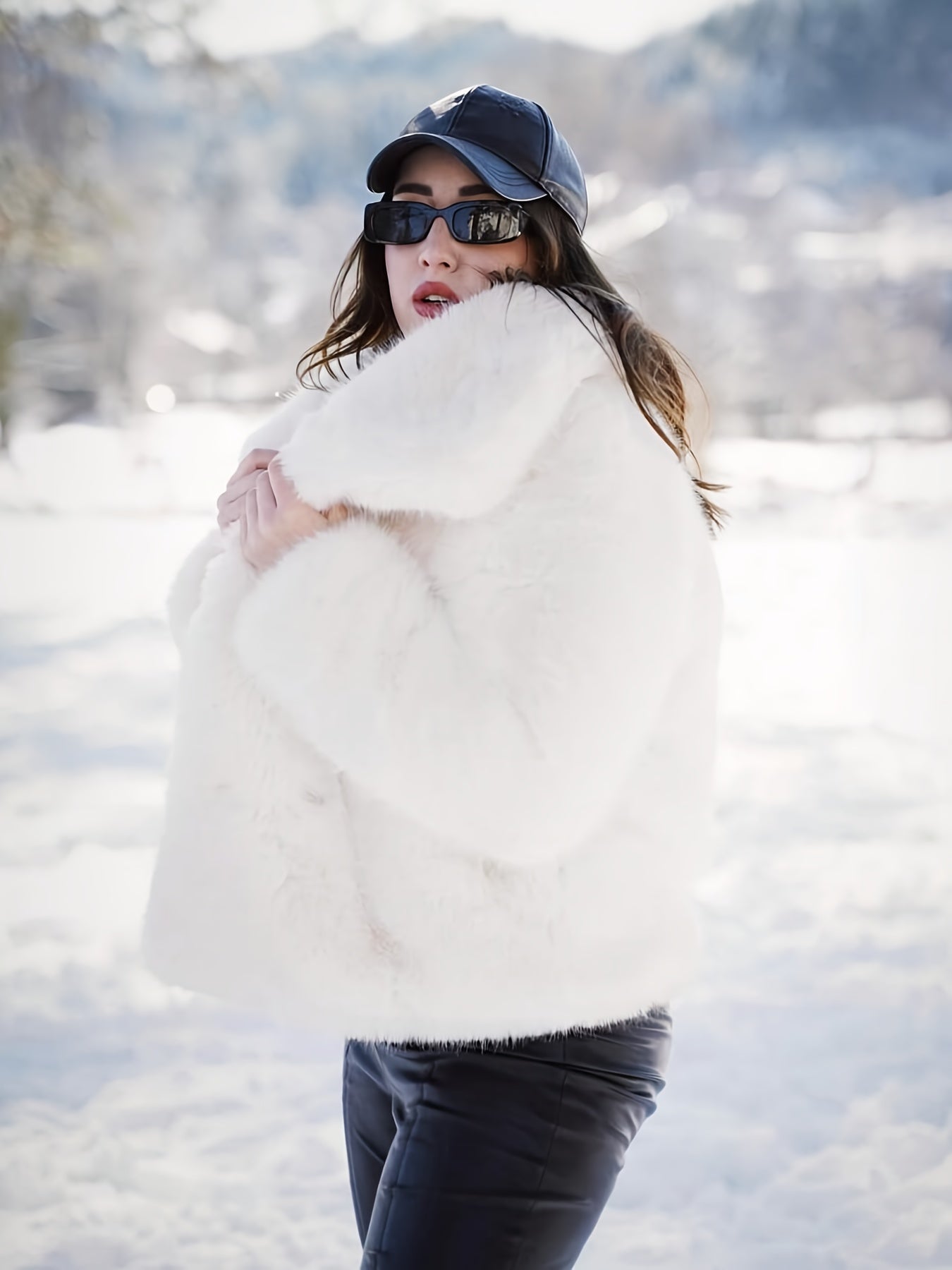 Women's Elegant Luxury Faux Fur Coat - Winter Warm Solid Black Outerwear with Plush Fur Collar, Machine Washable Winter Coat for Fall & Winter, Casual to Formal Events, Faux Fur Jacket for Women, Chic and Sophisticated Design