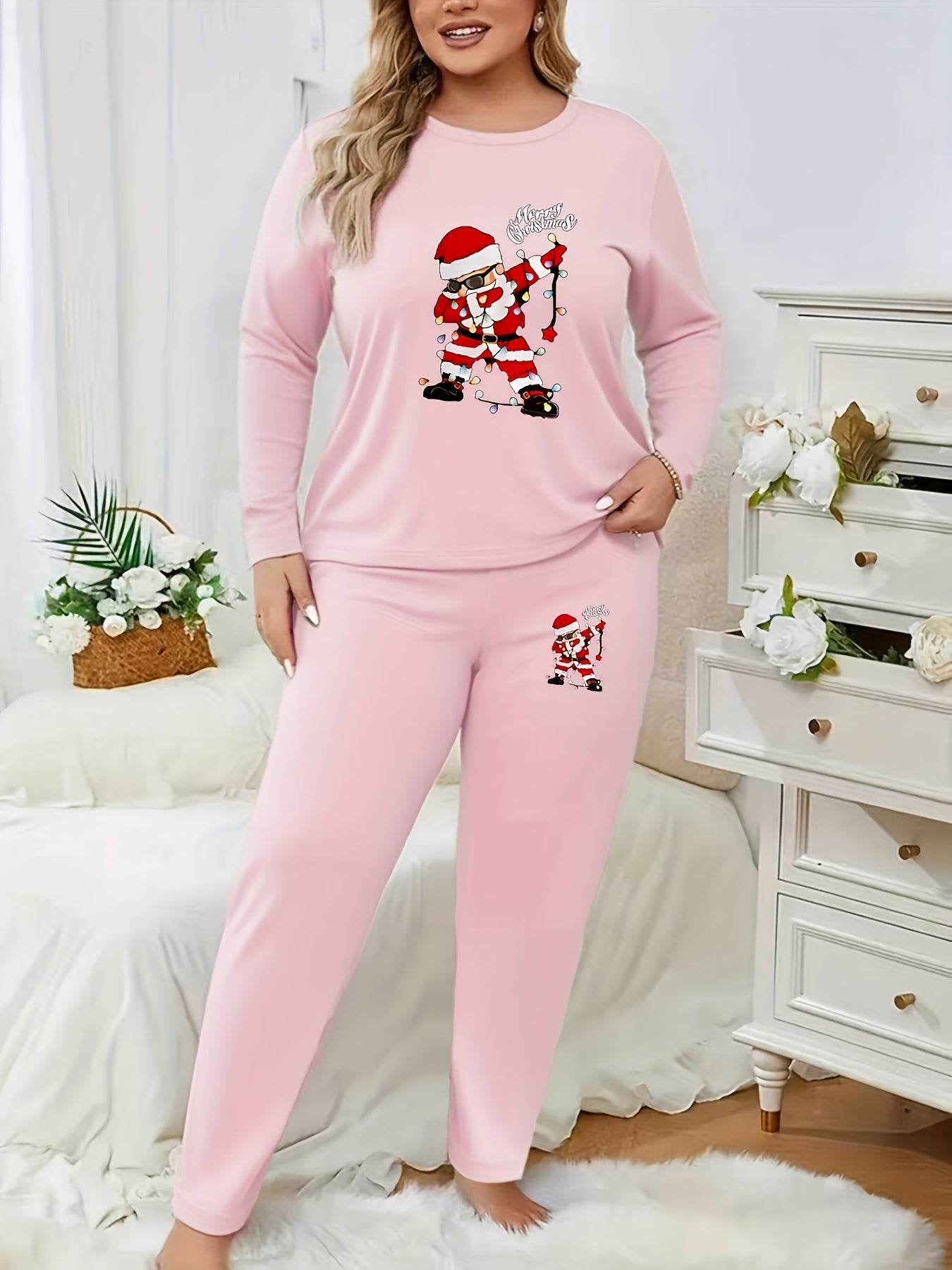 Plus Size - Plus Size - Plus Size - Women'S Plus Size Christmas & Halloween Two-Piece Set - Cozy Long Sleeve T-Shirt with Santa Claus & Snowflake Print, Pockets, and Matching Pants, Casual Holiday Outfit for Fall and Winter,