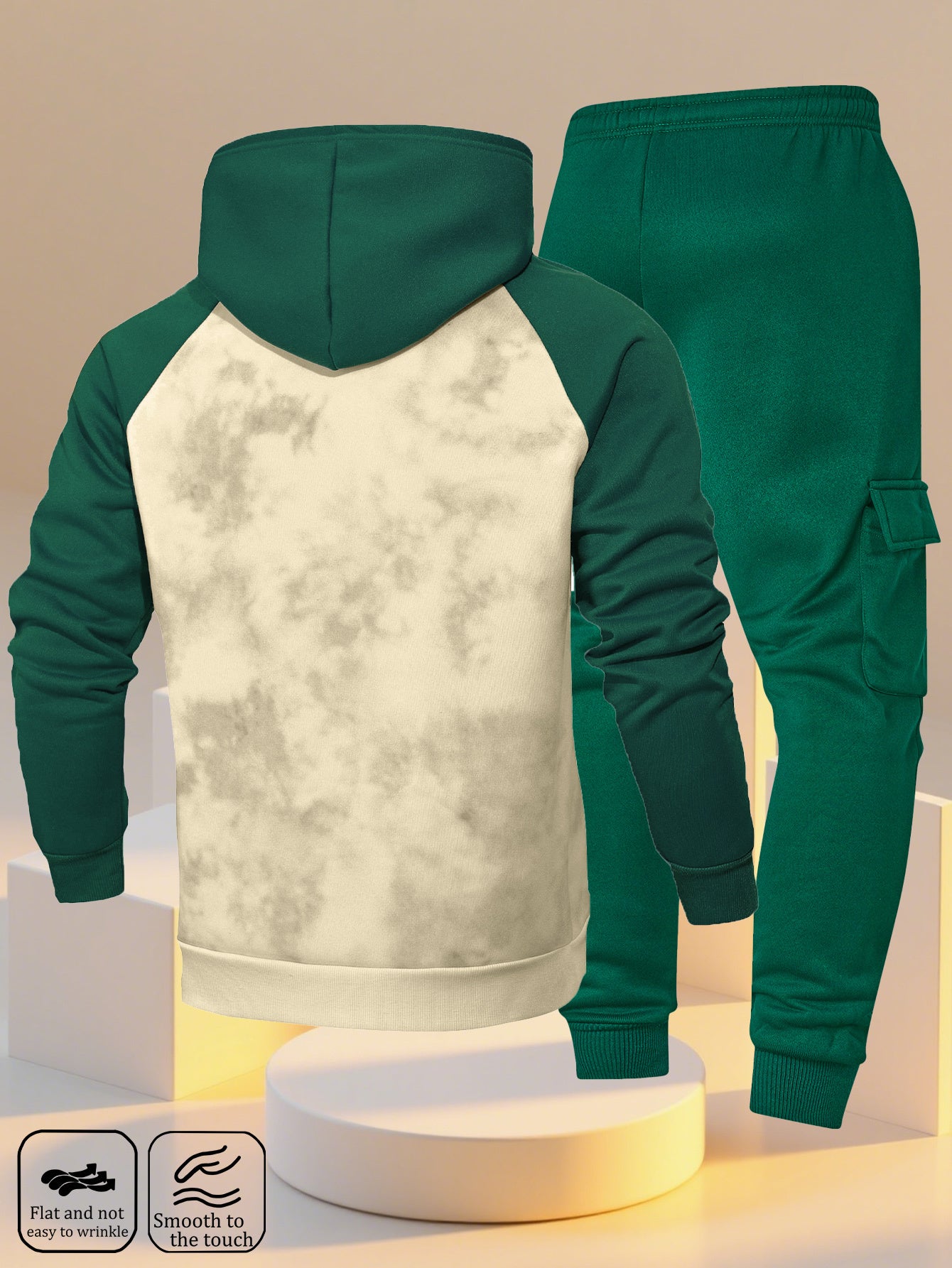 A New Trendy Color-Blocked Hoodie with Raglan Sleeves And Loose-Fitting Cargo Pants Featuring Multiple Pockets, Perfect for Casual Everyday Wear. This Breathable Hoodie And Loose Long Pants Set Comes in a Two-Piece Print Desi