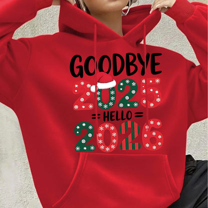 Women's White 2025 New Year & Christmas Hooded Sweatshirt - Goodbye 2024 2025 Print with Snowflakes & Candy Canes, Cozy Winter Pullover Hoodie, Relaxed Fit Casual Sweater for Holiday Parties & New Year's Eve Outfits