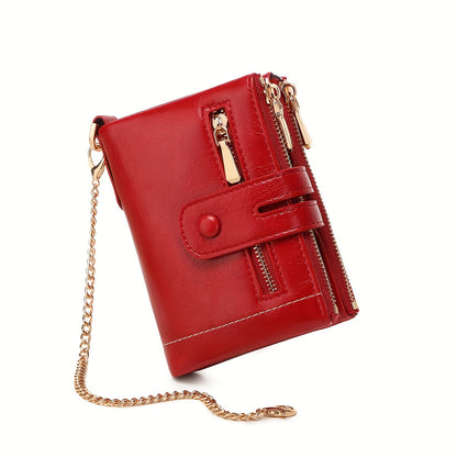 MIYIN Women'S & Men'S Red Bifold Wallet with Anti-Theft Chain Lock, Golden-Tone Hardware & Removable ID Window - Multi-Compartment Organizer with Card Slots