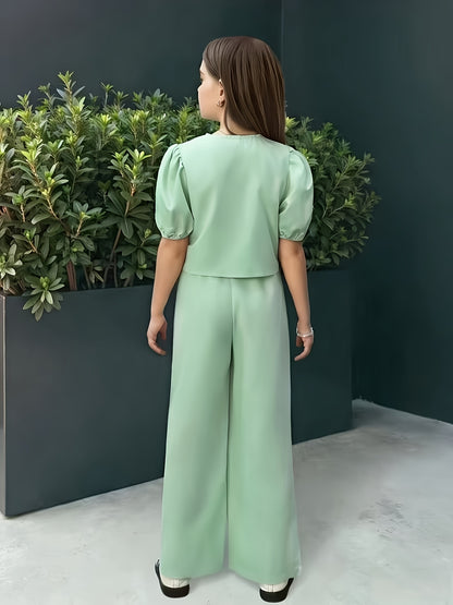Girls' Casual Puff Sleeve Top & Pants Set for Spring Summer