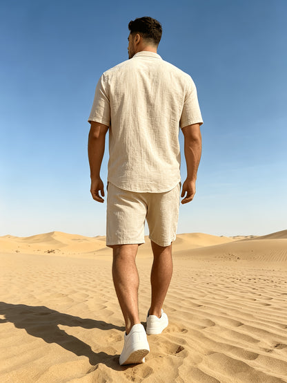 Men's Linen Short Sleeve Shirt & Solid Shorts Set for Summer