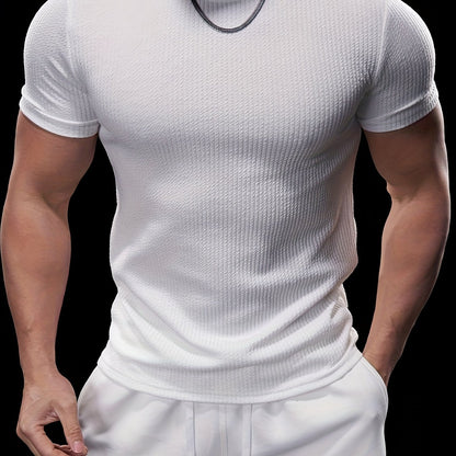 Men's Slim Fit Stretch Crew Neck Short Sleeve T-Shirt - Solid Color Black, Summer Casual  Sporty Tee for Casual Attire