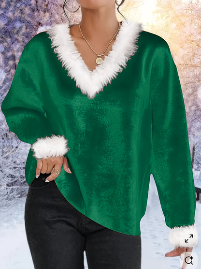 Plus Size - Plus Size - Plus Size, Women'S Elegant Plus Size Christmas Sweater - Long Sleeve Round Neck Winter Warmth with Collar Trim, Stretchy Fabric for Holiday Parties & Casual Attire, Red & Contrast Collar, Ladies Christ