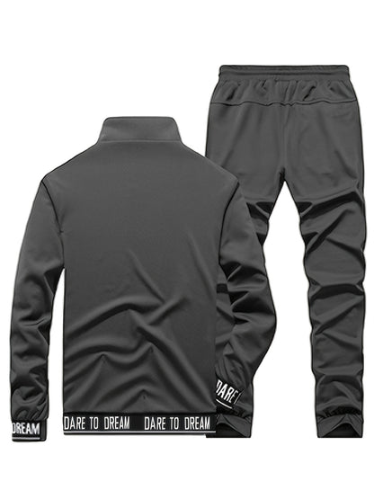 Men'S Casual Sportswear Set - Beige Zip-Up Jacket & Joggers with "DARE TO BE" Print, Long Sleeve, Pockets, and Drawstring Waist, Perfect for Running and Leisure Activities, Spring/Fall Collection, Spring Fall Attire | Zipup J