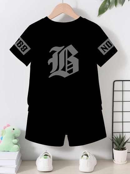 Boys' Summer Casual 2-Piece Polyester Set with Letter Print
