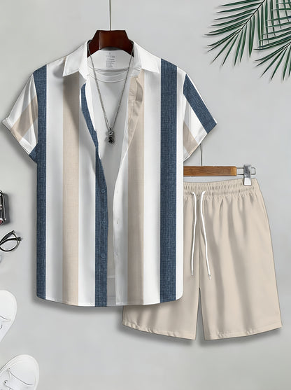 Men's Casual Summer Set: Striped Shirt & Printed Beach Shorts