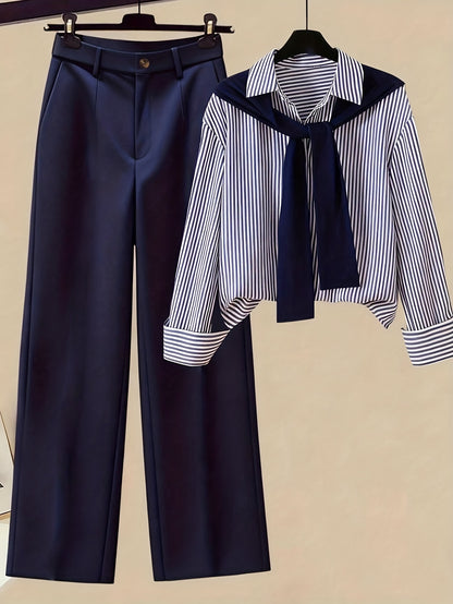 Gavin 2pcs/Set Women'S Striped Shirt with Shawl Collar And High-Waisted Wide Leg Pants, Spring/Autumn - ayq