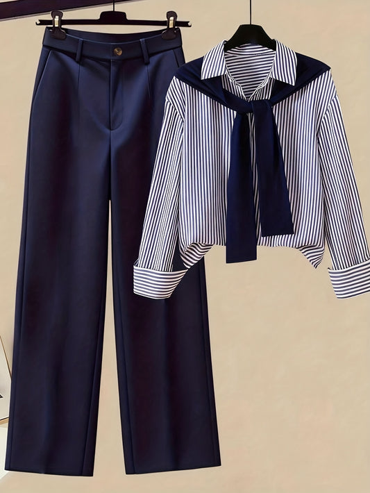 Gavin 2pcs/Set Women'S Striped Shirt with Shawl Collar And High-Waisted Wide Leg Pants, Spring/Autumn