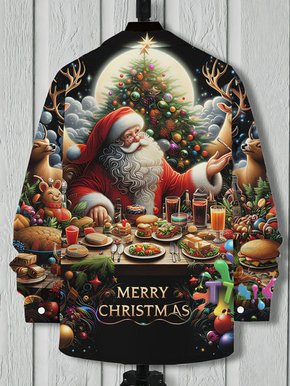 Men's Christmas Santa Claus & Reindeer Print Collar Long Sleeve Shirt - Full-Zipper-Free Button-Front Closure, Non-Stretch Holiday Party Costume or Casual Wear, Machine Washable Festive Attire with All-Over Christmas Motifs (