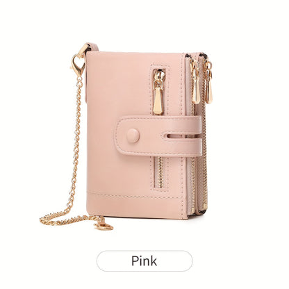 MIYIN Women'S & Men'S Red Bifold Wallet with Anti-Theft Chain Lock, Golden-Tone Hardware & Removable ID Window - Multi-Compartment Organizer with Card Slots