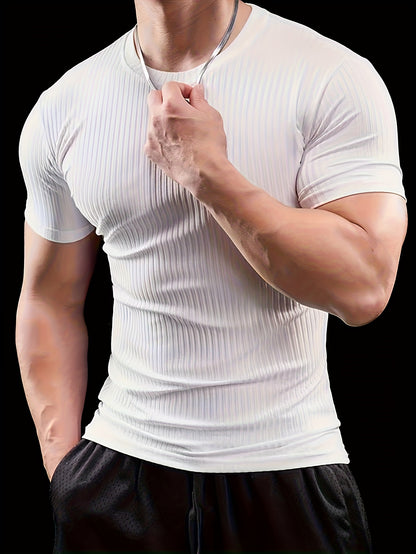 Men's Slim Fit Ribbed Short Sleeve T-Shirt - Stretchy Athletic  Casual Wear, Green, Round Neck, Machine Washable, Muscle-Enhancing Design, Gym Shirts