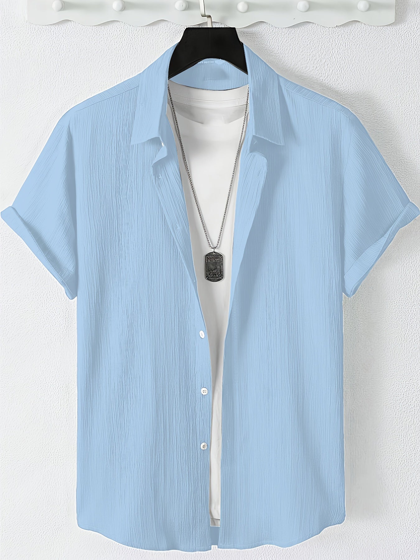 Men's Casual Button-Front Shirt with Lapel Collar, Lightweight Polyest