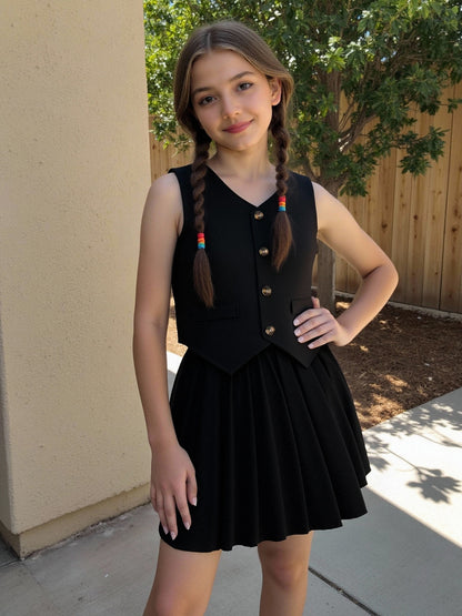 Girls' Solid Color Single-Breasted Vest with Pleated Skirt Set