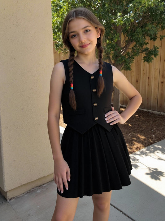 Girls' Solid Color Single-Breasted Vest with Pleated Skirt Set