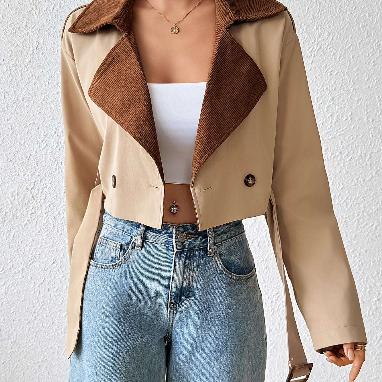 Women'S Casual Double-Breasted Trench Coat - Loose Fit, Long Sleeve, Beige & Brown Patchwork Design, Button-Up Front, Lightweight Fabric for Spring/Fall, Spring Outerwear | Relaxed Fit Coat | Structured Design