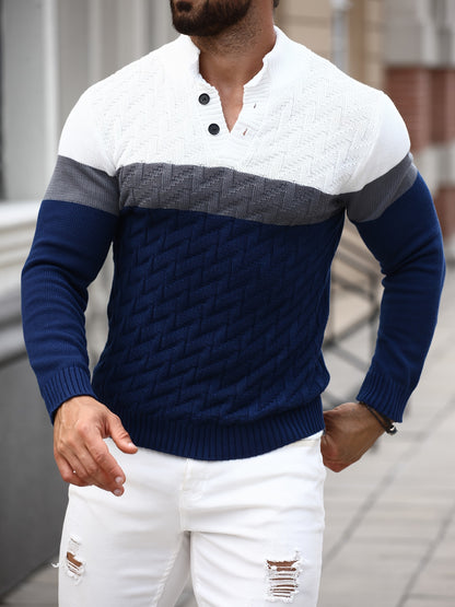 Men'S Stand Collar Pullover | Casual Fashion Quarter Button Stitching Knitwear with Geometric Pattern, Long Sleeve, Regular Fit for Fall/Winter - ayq