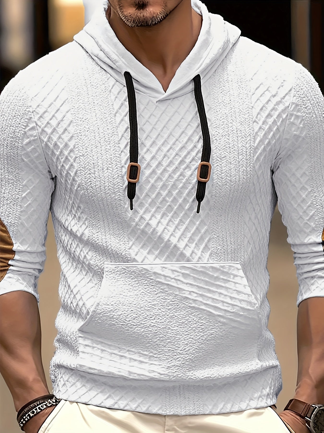 Men'S Fashion Top for Autumn And Winter, Featuring Outdoor Casual Textured Fabric, a Hood, Color-Blocking Design, Long Sleeves, And Pockets, Styled As a Men'S Henley Shirt
